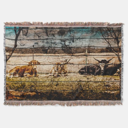Group of Longhorns Laying in Field Distressed Wood Throw Blanket