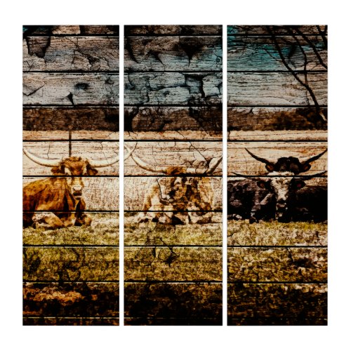 Group of Longhorns Laying in Field Distressed Wood Triptych