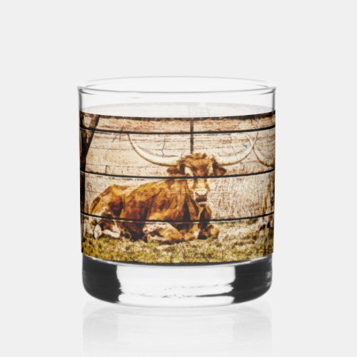 Group of Longhorns Laying in Field Distressed Wood Whiskey Glass