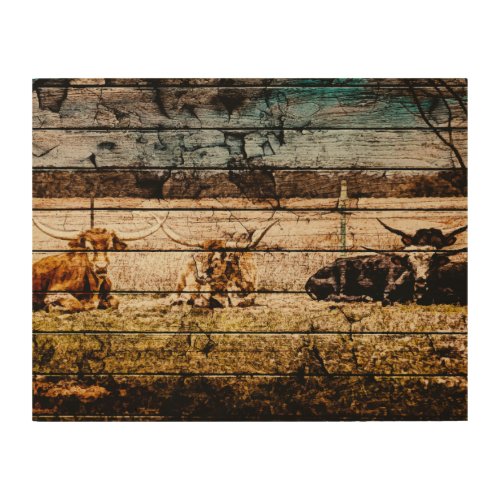 Group of Longhorns Laying in Field Distressed Wood Wood Wall Art