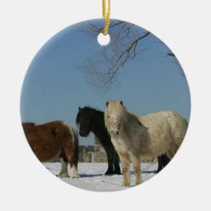 Group of Miniature Horses in the Snow Ceramic Ornament