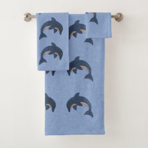 Group of Ocean Dark Blue White Jumping Dolphins Bath Towel Set