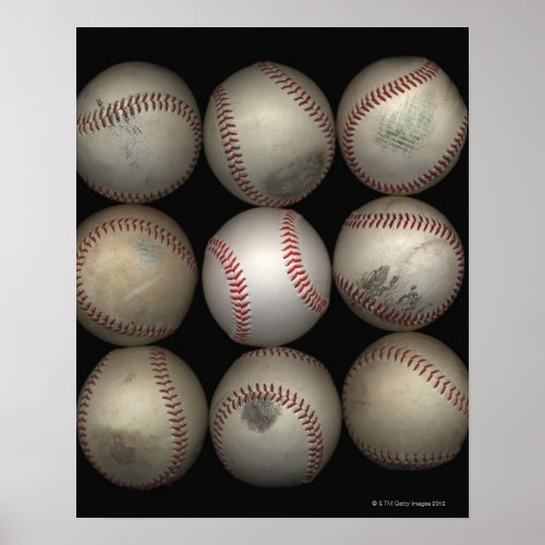 Group of old baseballs on black background poster