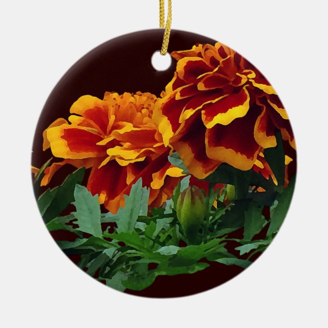 Group of Orange Marigolds With Yellow Tips Ceramic Ornament (Front)