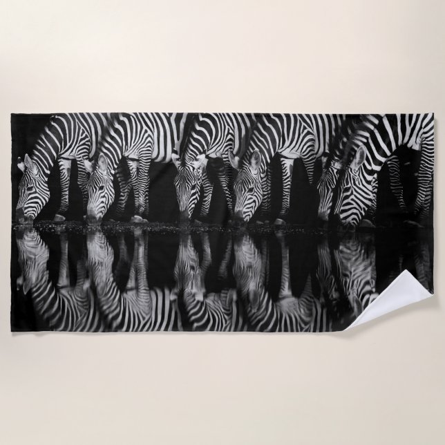 Group of Plains Zebra Drink Together at Night Beach Towel (Front)