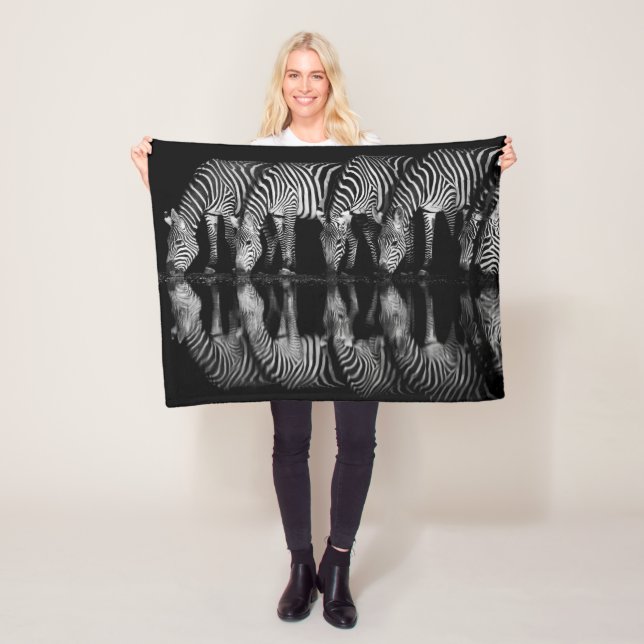 Group of Plains Zebra Drink Together at Night Fleece Blanket (In Situ)