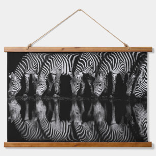 Group of Plains Zebra Drink Together at Night Hanging Tapestry