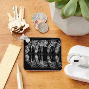 Group of Plains Zebra Drink Together at Night Keychain