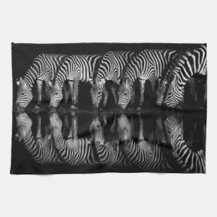 Group of Plains Zebra Drink Together at Night Kitchen Towel
