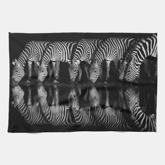 Group of Plains Zebra Drink Together at Night Kitchen Towel (Horizontal)