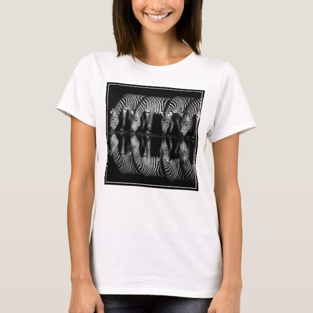 Group of Plains Zebra Drink Together at Night T-Shirt (Front)