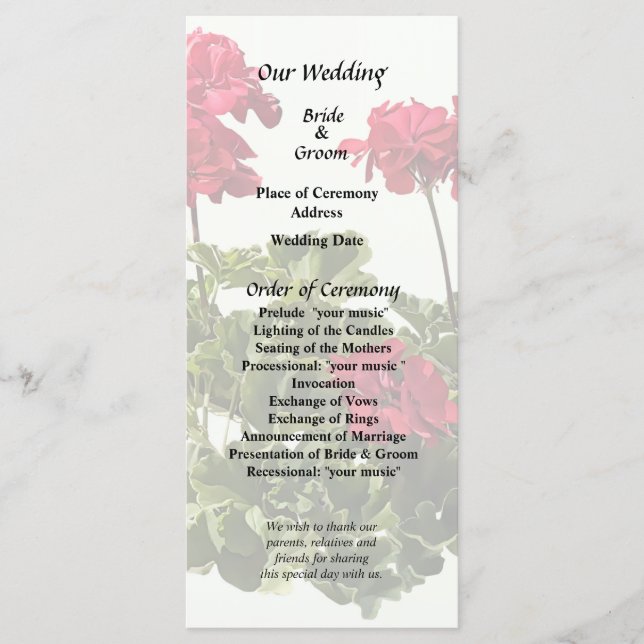 Group of Red Geraniums Program (Front)