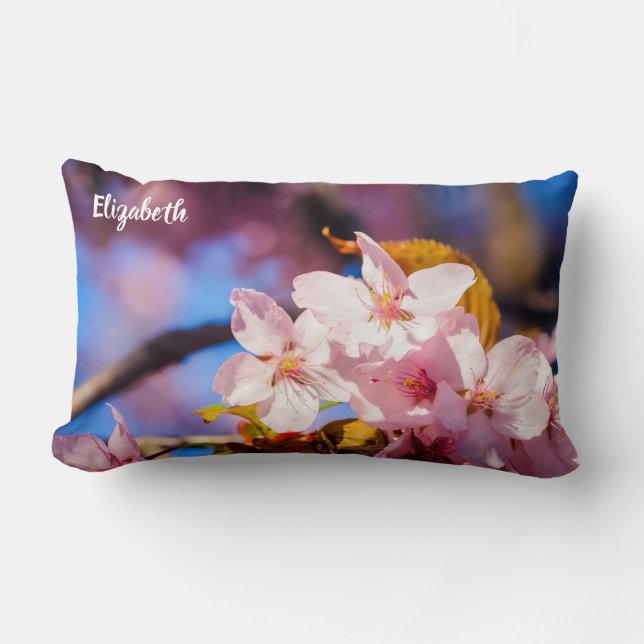Group Of Sakura Flowers, Soft Pink, Blue Backdrop Lumbar Pillow (Front)