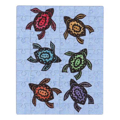 Group of Six Black Turtles Colorful Shell Markings Jigsaw Puzzle