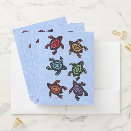 Group of Six Black Turtles With Colored Shells Pocket Folder