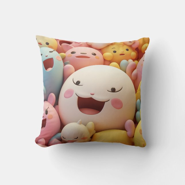 Group of soft, happy creatures in pastels throw pillow (Front)