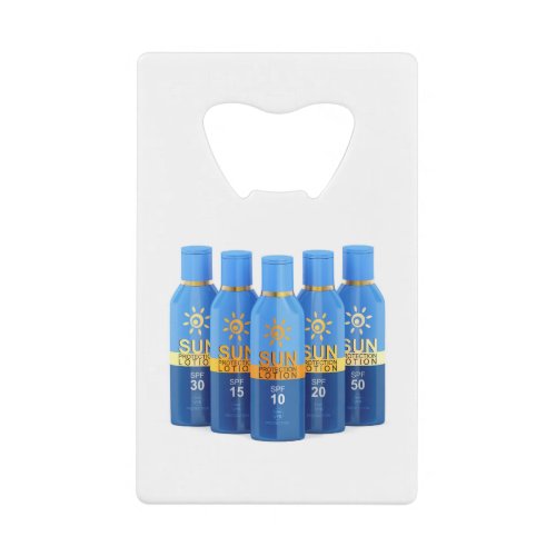 Group of sunscreen lotions credit card bottle opener