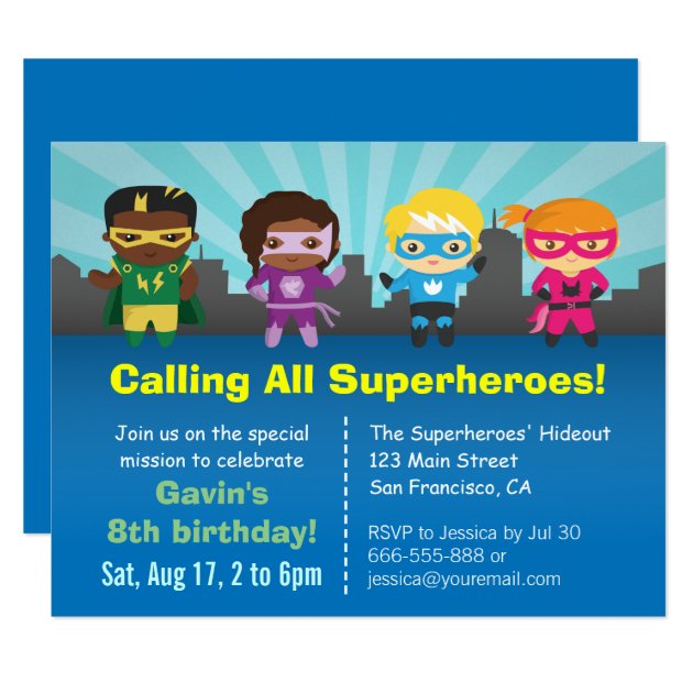 Group Of Superhero Kids Birthday Party Invitations