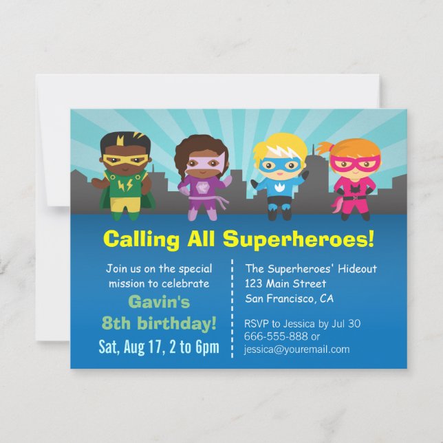 Group of Superhero Kids Birthday Party Invitations (Front)