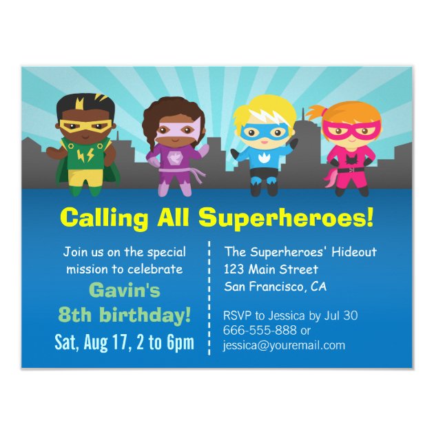 Group Of Superhero Kids Birthday Party Invitations