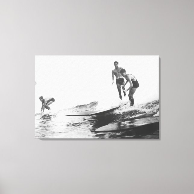 Group of Surfers in Honolulu, Hawaii Surfing Canvas Print (Front)