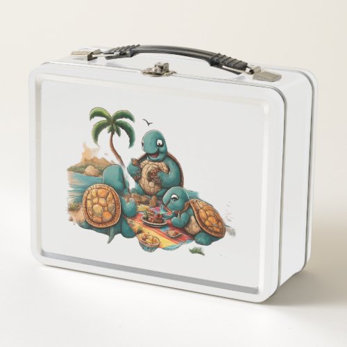  group of turtles playing in the sand metal lunch box