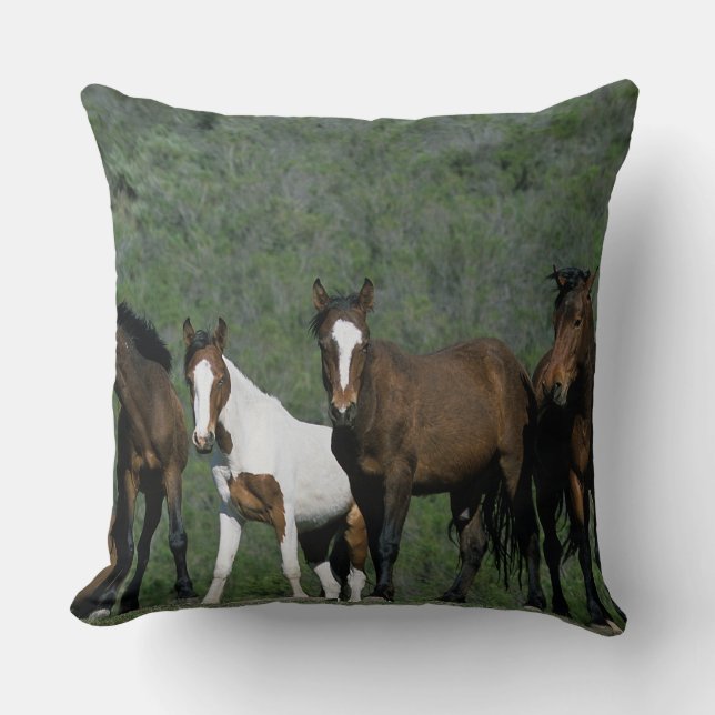 Group of Wild Mustang Horses Throw Pillow (Front)