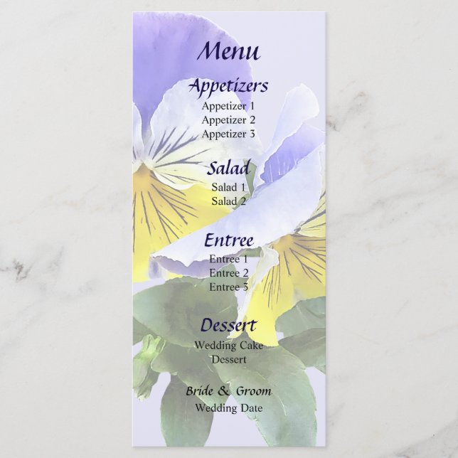 Group of Yellow and Purple Pansies Wedding Menu (Front)
