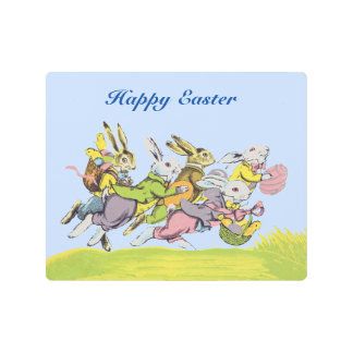 Group Running Easter Rabbits in Grass Baskets Eggs Metal Print