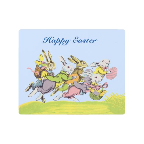 Group Running Easter Rabbits in Grass Baskets Eggs Metal Print