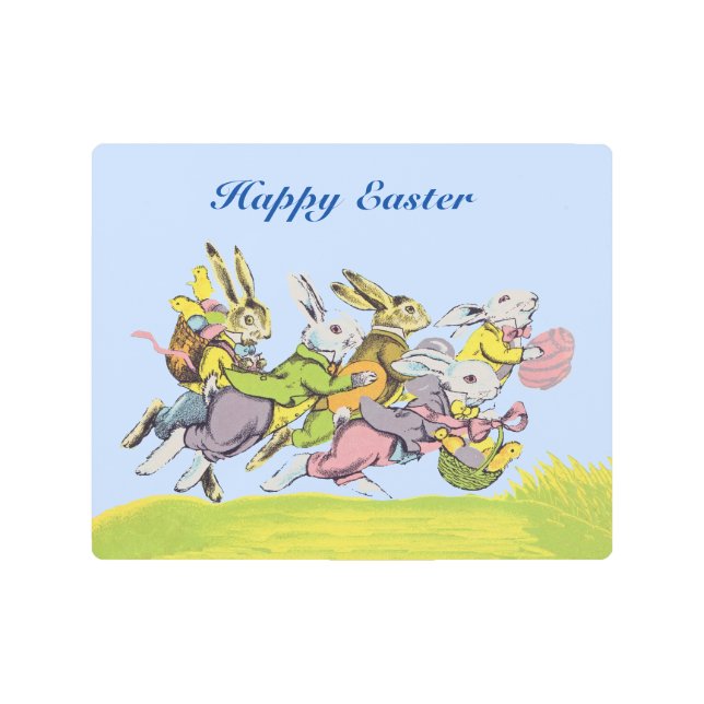 Group Running Easter Rabbits in Grass Baskets Eggs Metal Print (Front)