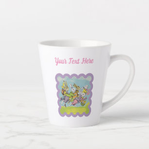 Group Running Easter Rabbits in Grass Eggs Baskets Latte Mug