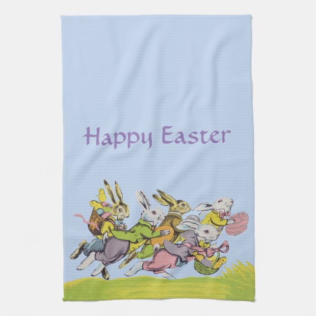 Group Running Easter Rabbits in Pastel Clothes Towel (Vertical)