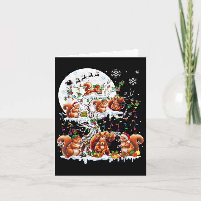 Group Santa Reindeer Elf Squirrels On Tree Christm Card (Front)