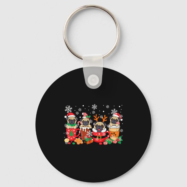 Group Santa Reindeer Pugs In Coffee C Christmas  Keychain (Front)