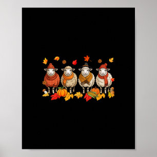 Group Sheeps Thanksgiving Fall Leaves Pumpkins Far Poster