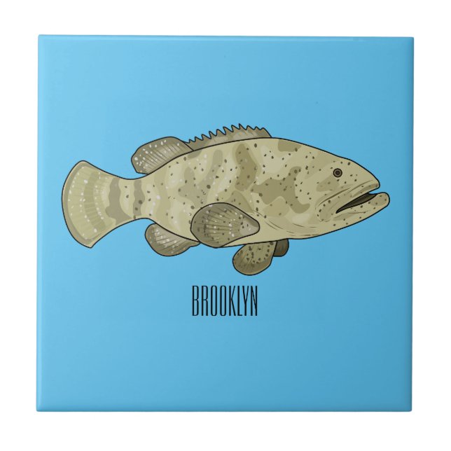 Grouper fish cartoon illustration ceramic tile (Front)