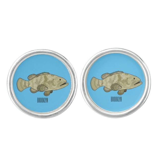Grouper fish cartoon illustration cufflinks (Front)