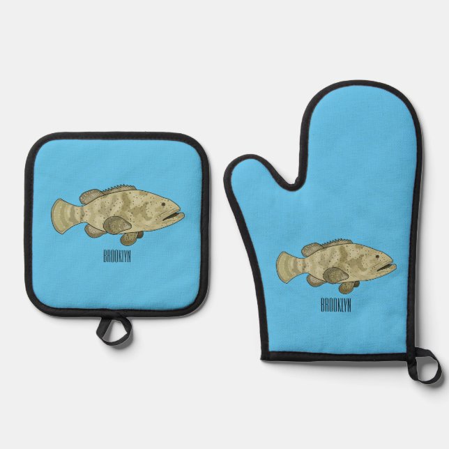 Grouper fish cartoon illustration oven mitt & pot holder set (Front)