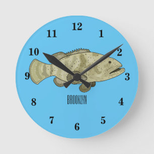 Grouper fish cartoon illustration round clock