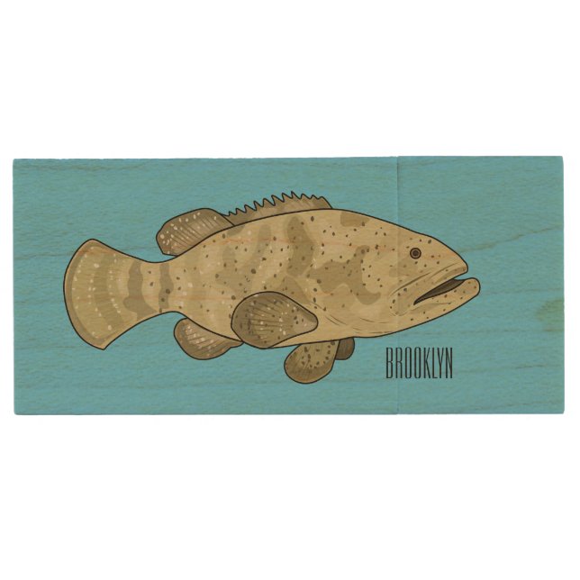 Grouper fish cartoon illustration wood flash drive (Front)