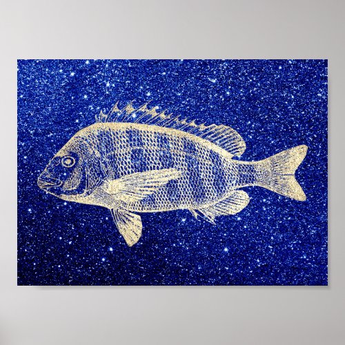 Grouper Fish Sea Ocean Blue Navy Foxier Gold Poster