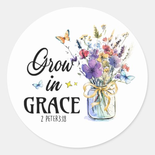Grow in Grace Christian Bible Verse Floral  Classic Round Sticker