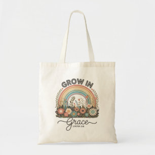Grow in Grace Christian Bible Verse Retro Rainbow Tote Bag