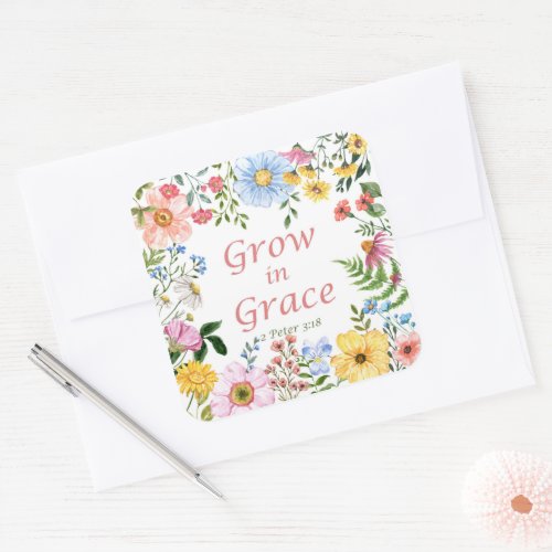 Grow in Grace floral bible verse large Square Sticker