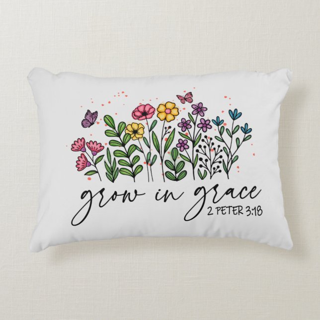 Grow in Grace – Vibrant Floral Inspirational Accent Pillow (Front)