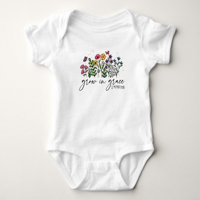 Grow in Grace – Vibrant Floral Inspirational Baby Bodysuit (Front)