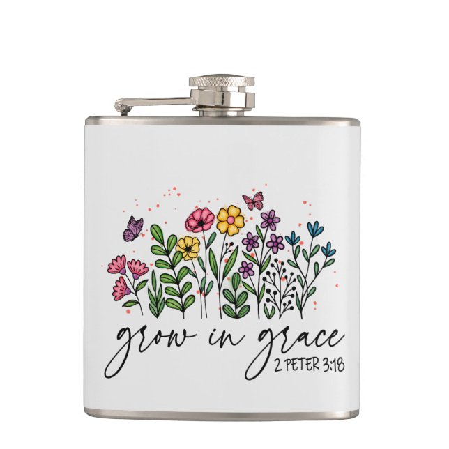 Grow in Grace – Vibrant Floral Inspirational Flask (Front)