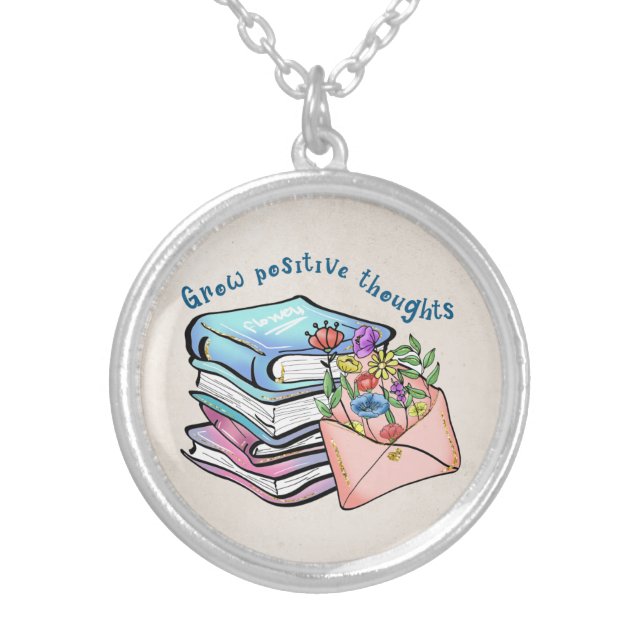 Grow positive thoughts books flowers pretty silver plated necklace (Front)