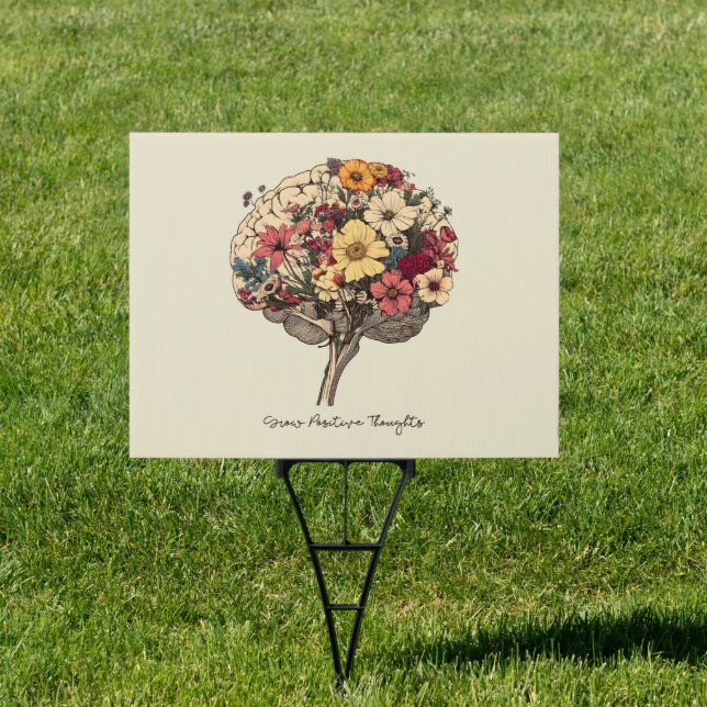 Grow Positive Thoughts Brain Floral Style T-Shirt Sign (Insitu)